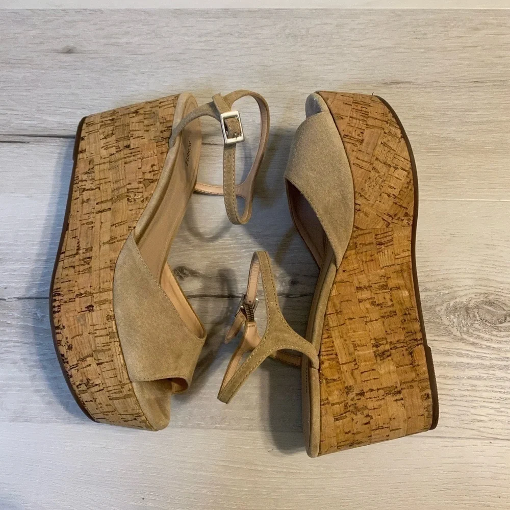 SCHUTZ Tan Cork and Suede Ankle Strap Platform Sandal, Size 8.5B